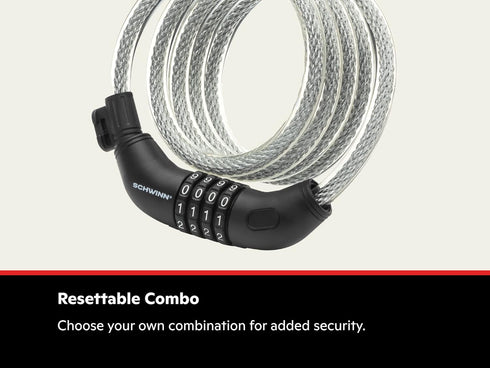 Schwinn Combination Bike Lock, Braided Steel Cable, 6 feet x 12 mm, Black, Security Level 3