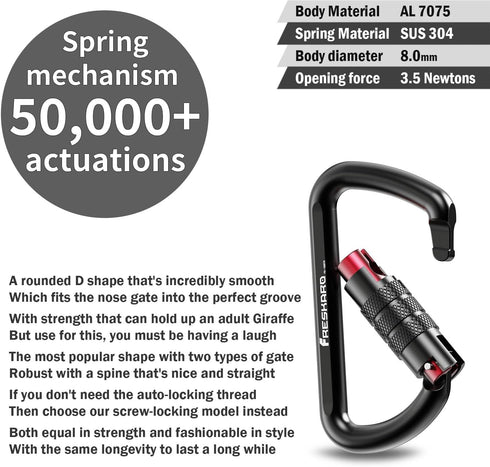 FresKaro 3inch 12kN-2698lbs Auto Locking Carabiner Clips, Heavy Duty 7075 Aluminum, Lightweight for Hammock Hiking