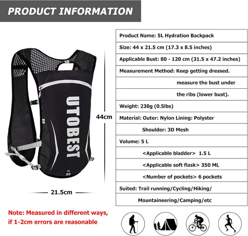 UTOBEST Running Vest, 5L Hydration Backpack, Lightweight and Breathable for Trail Running