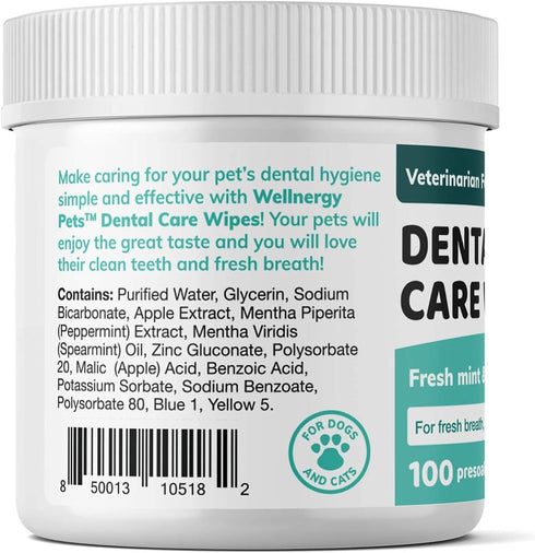 Dental Wipes for Dogs and Cats, No Brush Formula for Oral Hygiene, Fresh Mint Flavor, 100 Wipes