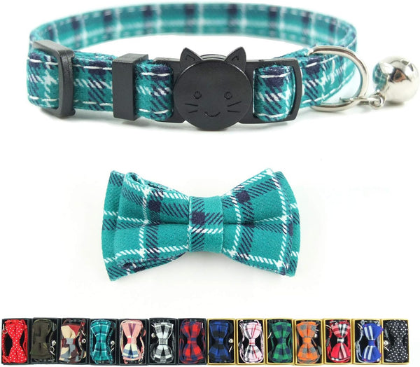 Cat Collar Breakaway with Bell and Bow Tie, Adjustable Plaid Design for Kittens, 6.8-10.8in, Cyan-Blue