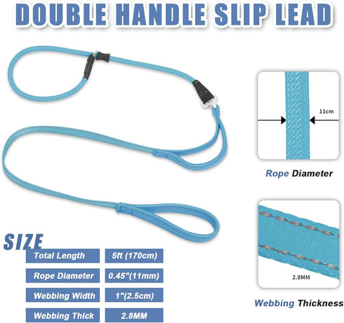 Slip Lead Dog Leash with Double Handle - Reflective Heavy Duty Nylon Slip Leash for Large Medium Small Dogs