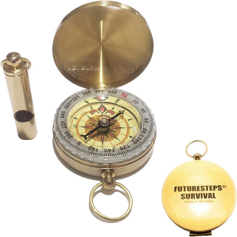 FUTURESTEPS Set 105 Brass Compass with Solid Brass Whistle - Survival - Decibels - Carry in Pocket or on Necklace - Two