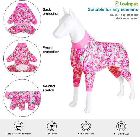 LovinPet Pitbull Pet Outfit, Post Surgery Recovery Pajamas for Dogs, Reflective Stripe, Full Coverage Dog Onesie, Breathable & Stretchy Fabric, Pink Daisy Print, Pajamas for Big Dogs,Pink/Green M