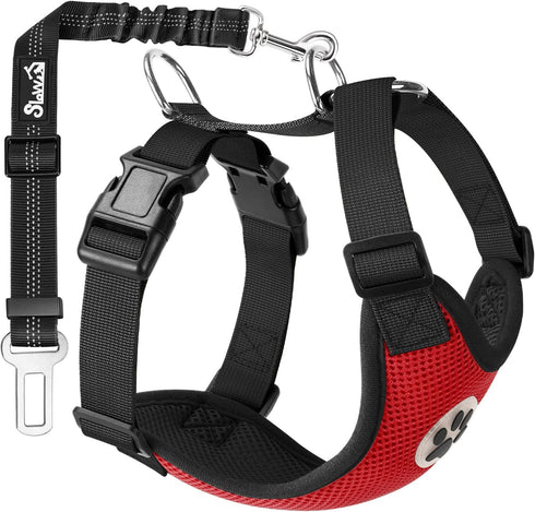 SlowTon Dog Seat Belt Harness for Car - Adjustable Mesh Breathable Dog Car Harness with Safety Tether