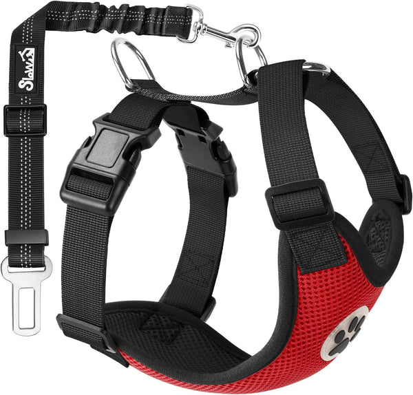 SlowTon Dog Seat Belt Harness for Car - Adjustable Mesh Breathable Dog Car Harness with Safety Tether