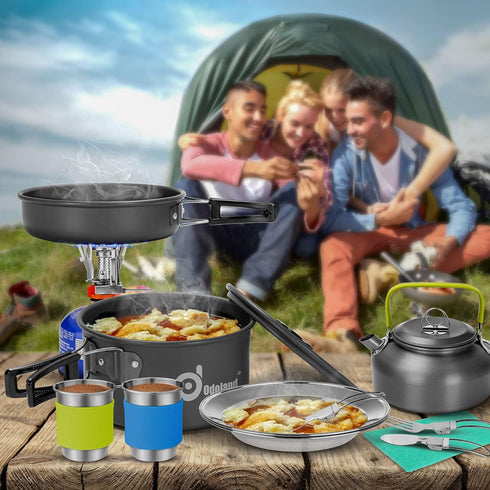 Odoland 15pcs Non-Stick Camping Cookware Mess Kit, Lightweight Pot Pan Kettle Set with Stainless Steel Cups Plates