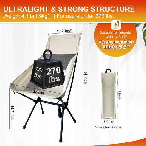 Backpacking 270 lbs, IEJ Ultralight High-Back Camping Chair - Portable Folding Chair White Carry Bag, Supports up
