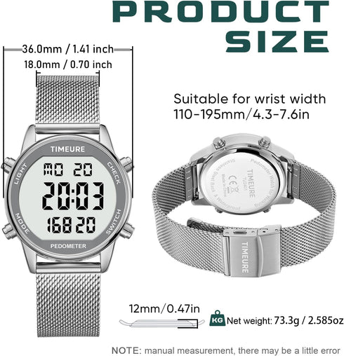 Women's Stylish Step Counter Pedometer Watch with Stainless Steel Bracelet, No App or Charging Needed - TU-2401