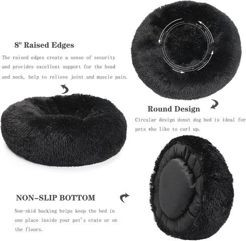 Washable Calming Dog Bed for Medium Dogs, 28 Inch Black Fluffy Anti-Anxiety Faux Fur Round Pet Bed