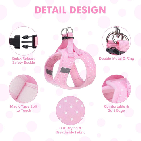 BINGPET Vest Harness for Puppy and Cat, No Pull Adjustable Reflective Step-in Harness, Cute Pink Polka Dot for Small