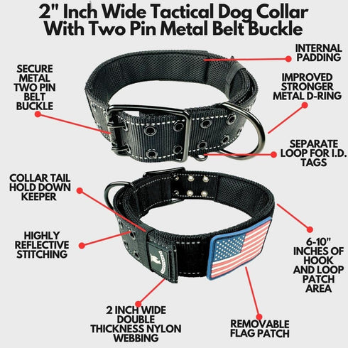 Tactical Dog Collar 2 Inch Wide Heavy Duty with Metal 2-Pin Buckle for Medium, Large & XL Dogs, Reflective