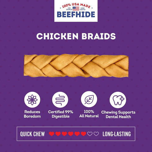USA Beefhide Braids 7-8" Dog Chew Treats - Chicken Flavor, 6 Count, 1 Pack