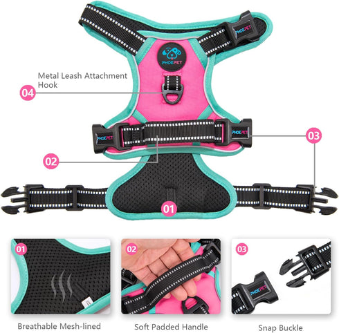 PHOEPET 2019 Upgraded No Pull Dog Harness - Reflective Adjustable Vest with Training Handle & 2 Metal Leash Hooks (M,