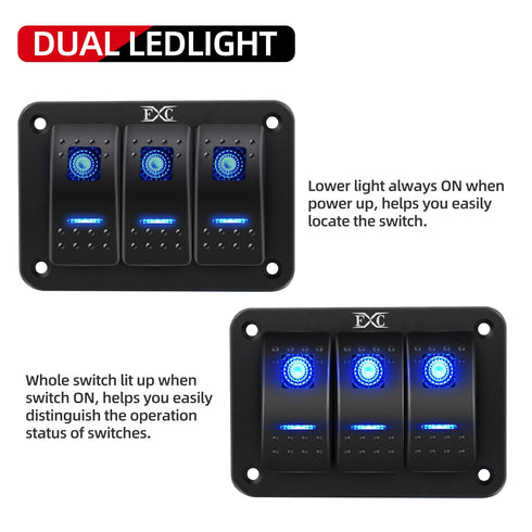 FXC Rocker Switch Aluminum Panel, 3 Gang Toggle Switches Dash, 5 Pin ON/Off, 2 LED Backlit for Boat Car Marine Blue