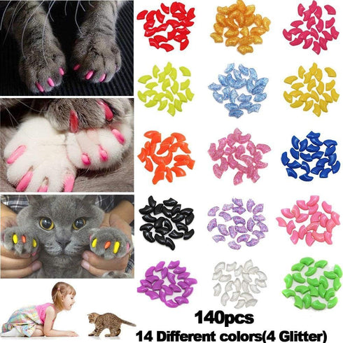 140pcs Cat Nail Caps - Kitten Caps 4 Glitter Colors + Colorful Cat Nails Caps Covers + Adhesive Glue