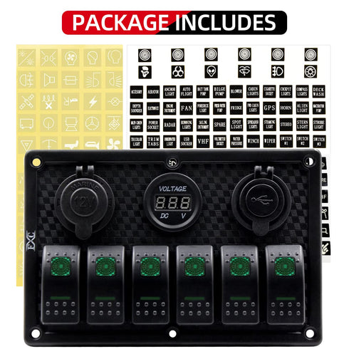 FXC 6 Gang Waterproof Marine Boat Rocker Switch Panel with Dual USB, Cigarette Lighter & Green LED Voltage Display