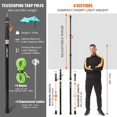 Tent Poles for Tarp, CAMULAND Telescoping Camping Gear Accessories, Adjustable Lightweight Aluminum Set with Carry Bag