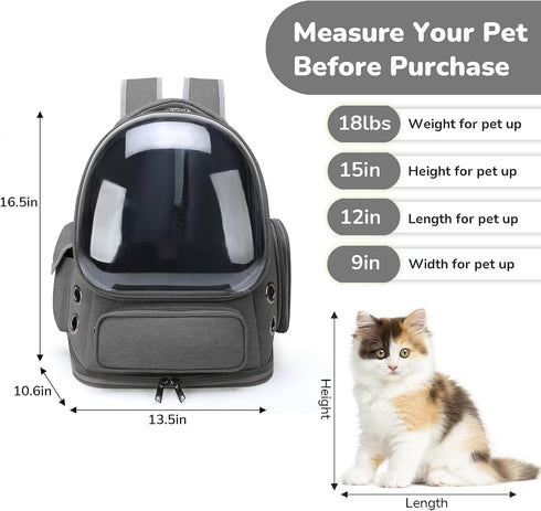Cat Backpack Carrier for Cats & Small Dogs, Breathable Bubble Backpack, Airline Approved Pet Travel Carrier (Grey)