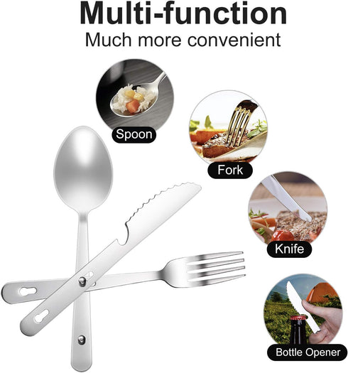 KINLINK 4-in-1 Camping Utensils 3-Pack, Portable Stainless Steel Spoon, Fork, Knife & Bottle Opener Combo Set