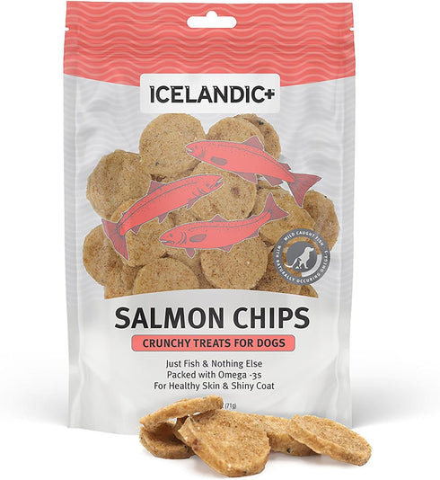 Icelandic+ Fish Chips: Salmon, 2.5oz, Dog Treats for Medium-Large Dogs, Natural 2 Ingredient Air-Dried Treats