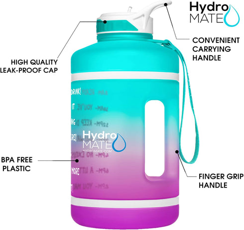 NatureWorks HydroMATE Half Gallon Water Bottle with Time Markers, BPA Free, Reusable Leak Proof Jug