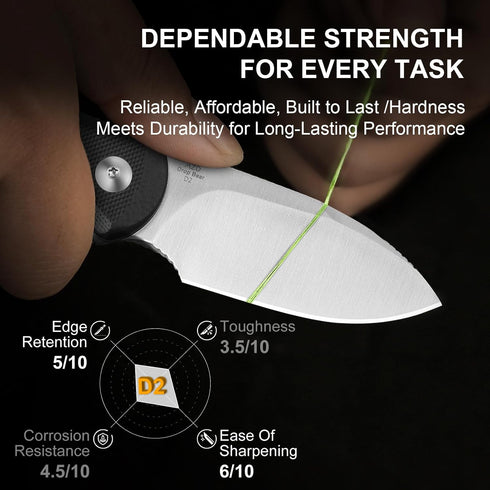 2.57" D2 G10 1094M2 Kizer Drop Bear Fixed Blade Knife, Satin Blade EDC Camping Knife with Black Handle and Hidden