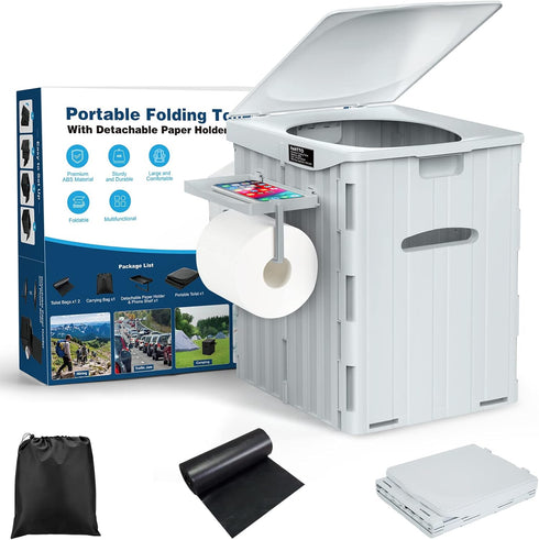 XL Portable Toilet for Adults, 15.4" H Foldable Camping Toilet with Detachable Phone Shelf and Lid for Hiking
