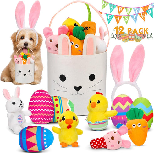 12 Pcs Easter Basket Playset, Easter Dog Toys, Plush Easter Eggs Bunny Shape Stuffed Dog Toy