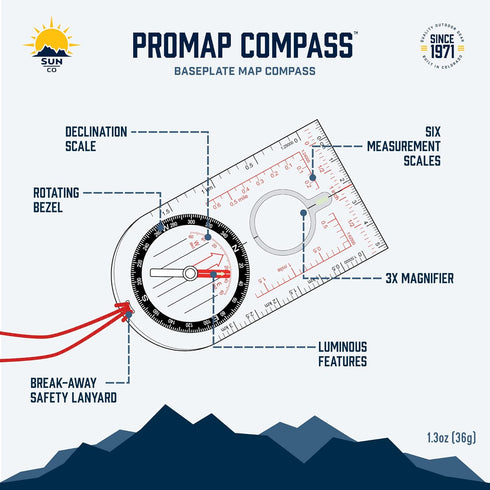Backpacking, Sun Company ProMap - Ultra Lightweight Baseplate Map Compass with Declination Scale - Accurate
