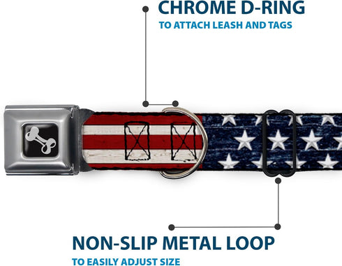 Buckle-Down Americana Rustic Stars & Stripes Seatbelt Buckle Dog Collar - 1" Wide, Fits 15-26" Neck