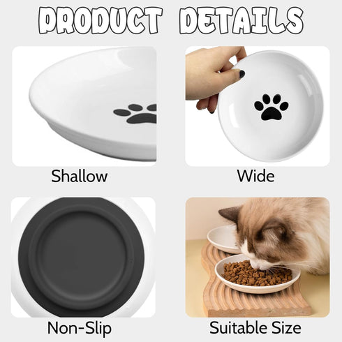 BNOSDM 4 Pcs Cat Food Bowls, Ceramic Shallow Dishes with Non-Slip Silicone Bottom for Indoor Cats and Dogs