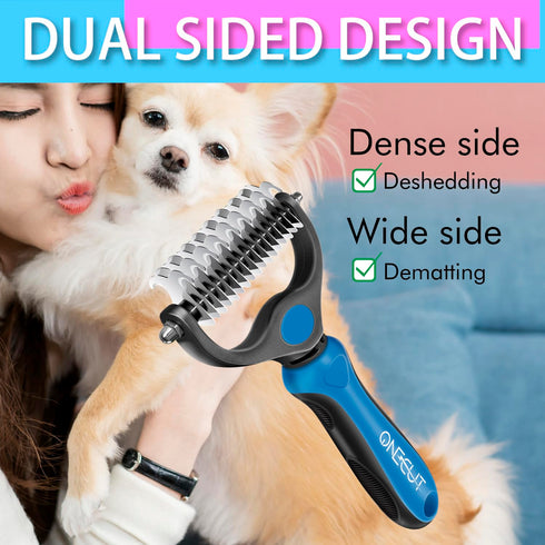 OneCut Pet Grooming Brush and Metal Comb Combo, Pet Grooming Rake and Brushes for Small, Medium & Large Dogs Double Sided Deshedding Tool Removes Knots and Tangled Hair (Red)