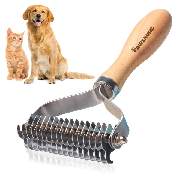 PAWSHOLIC Undercoat Rake for Dogs, Professional Pet Shedding Dematting Comb with Wood Handle for Cats and Dogs