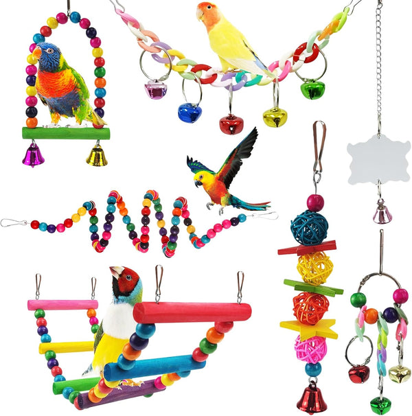 Parakeet Toys, 7 Pcs Colorful Bird Toys for Pet Bird Cage, Hammock, Swing, Chewing Toy, Mirror, Perch