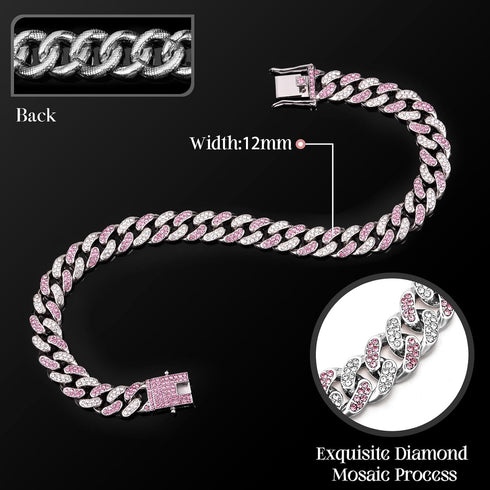 LEIFIDE Dog Chain Collar Diamond Link Necklace for Small Medium Large Dogs Cats (Silver, Pink White, 12 Inch)