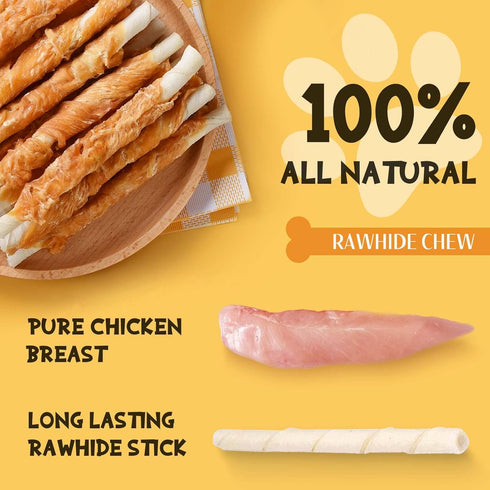 (20 10.6 oz) ASMPET Dog Treats Chews, Chicken Wrapped Rawhide Sticks Dog Snacks for Training Rewards pcs