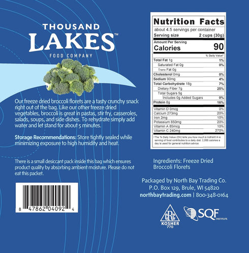 Thousand Lakes Freeze Dried Vegetables - Broccoli Florets - Bulk 5 ounces | 100% Florets - No Stems | No Salt Added