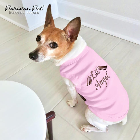 Dog Tshirt - Embroidered “Lil Angel“ - Parisian Pet, 100% Cotton, Pink, Sleeveless Shirt for Large Dogs - XL