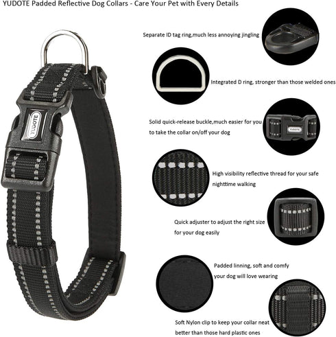 Reflective Nylon Padded Dog Collar, Adjustable Soft Pet Collars for Small Medium Large Dogs (Black)
