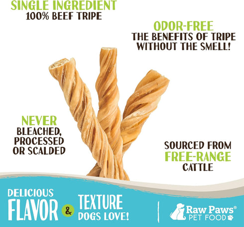 Raw Paws 5-Inch Beef Tripe Twists for Dogs - 5-Count, Odor-Free Crunchy Green Tripe Sticks Chews, Packed in USA