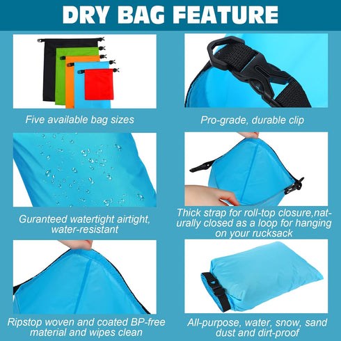 LEIFIDE 10 Pcs Ultralight Dry Bags, Waterproof Lightweight Airtight Bags for Camping, Kayaking, Hiking & Swimming