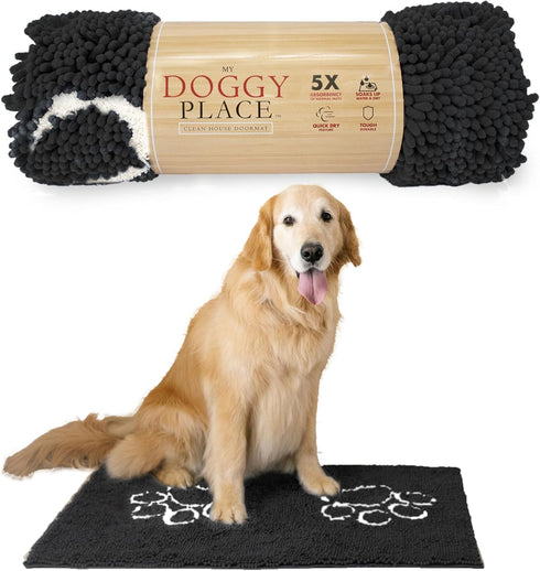 My Doggy Place Microfiber Dog Mat for Muddy Paws, 36" x 26" Charcoal with Paw Print, Non-Slip Rubber Backed