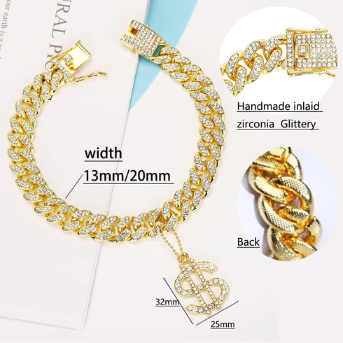 Gold Dog Collar 14mm/20mm Cat Puppy Chain Zircon Cuban Link Chain Handmade Iced out Diamond Exaggerated Dollar Pendant Full Cz Prong Set Pet Jewelry