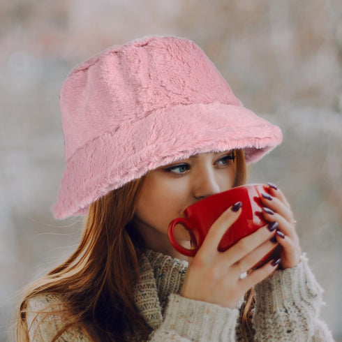 Winter Soft Faux Fur Plush Bucket Hat, Lovely Fisherman Cap for Women