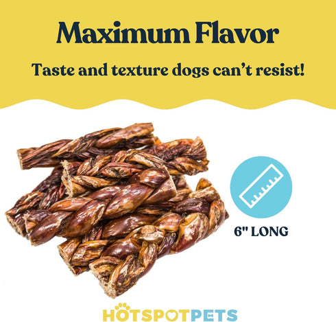 hotspot pets All-Natural Braided Beef Gullet Sticks (5 Pack), Grass-Fed 6'' Jerky Treats for Joint Health