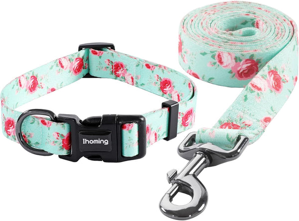 Ihoming Dog Collar and Leash Set for Daily Outdoor Walking, Floral Spring Design for Large Dogs and Cats