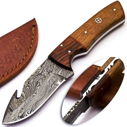 Rare Custom Damascus Fuller Gut Hook Knife, Skinning Knife, Hunting Knife, Outdoor Knife, Camping Knife, Color Wood