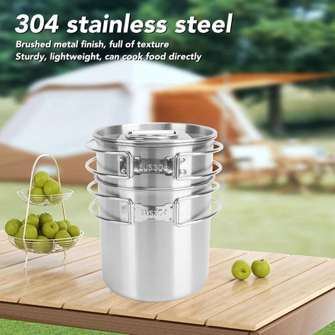 Set,Stainless Set Set Backpacking Zerodis Camping Cook Steel Outdoor Cookware with Lid Foldable Camping Pot and Pan