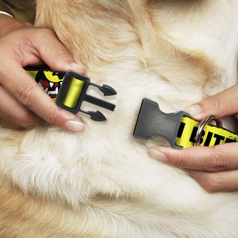 Dog Collar Plastic Clip Pet Quote Caution I Bite with Dog Growl Yellow Black 11 to 17 Inches 1.0 Inch Wide
